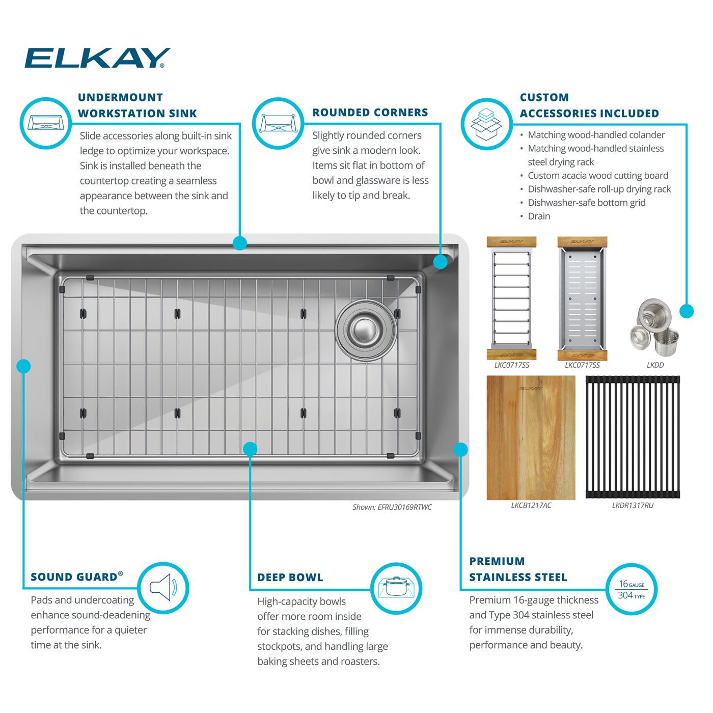 Elkay Tarja Crosstown® Calibre 16 Workstation Acero Inoxidable 31-1/2" x 18-1/2" x 9" de Un Tazón Bajo Cubierta (Kit con Llave Filtrada para Bebidas) — ambiente de cocina