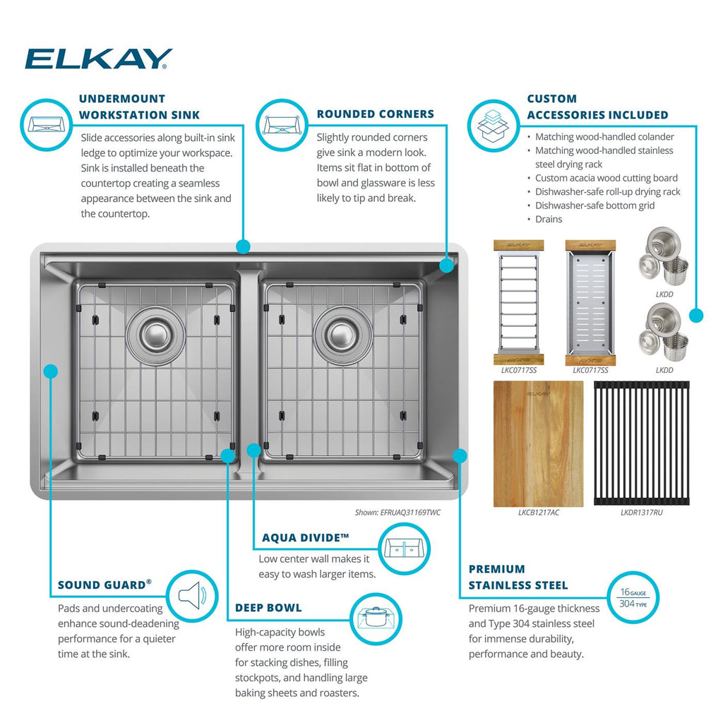 Elkay Tarja Crosstown® Calibre 16 Workstation Acero Inoxidable 31-1/2" x 18-1/2" x 9" de Dos Tazones Iguales (Kit con Aqua Divide) — ambiente de cocina