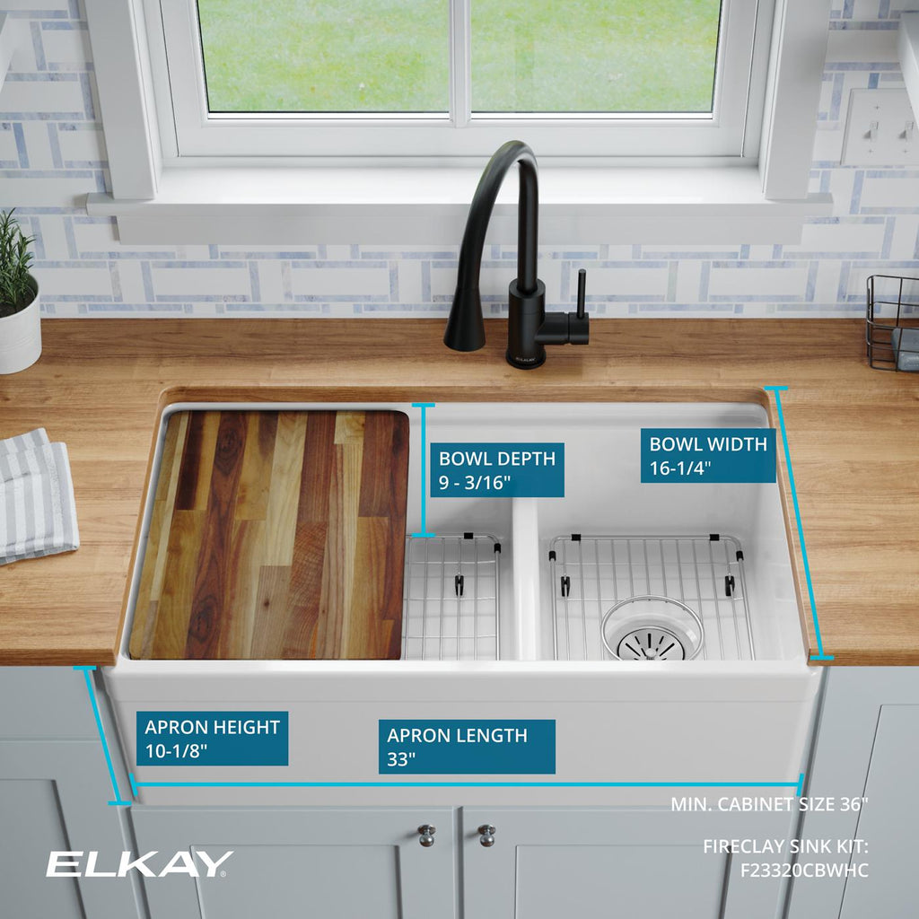 Elkay Tarja Fireclay 33" x 19-15/16" x 9-1/8" de Dos Tazones Farmhouse Workstation (Kit) con Aqua Divide Blanco — ambiente de cocina