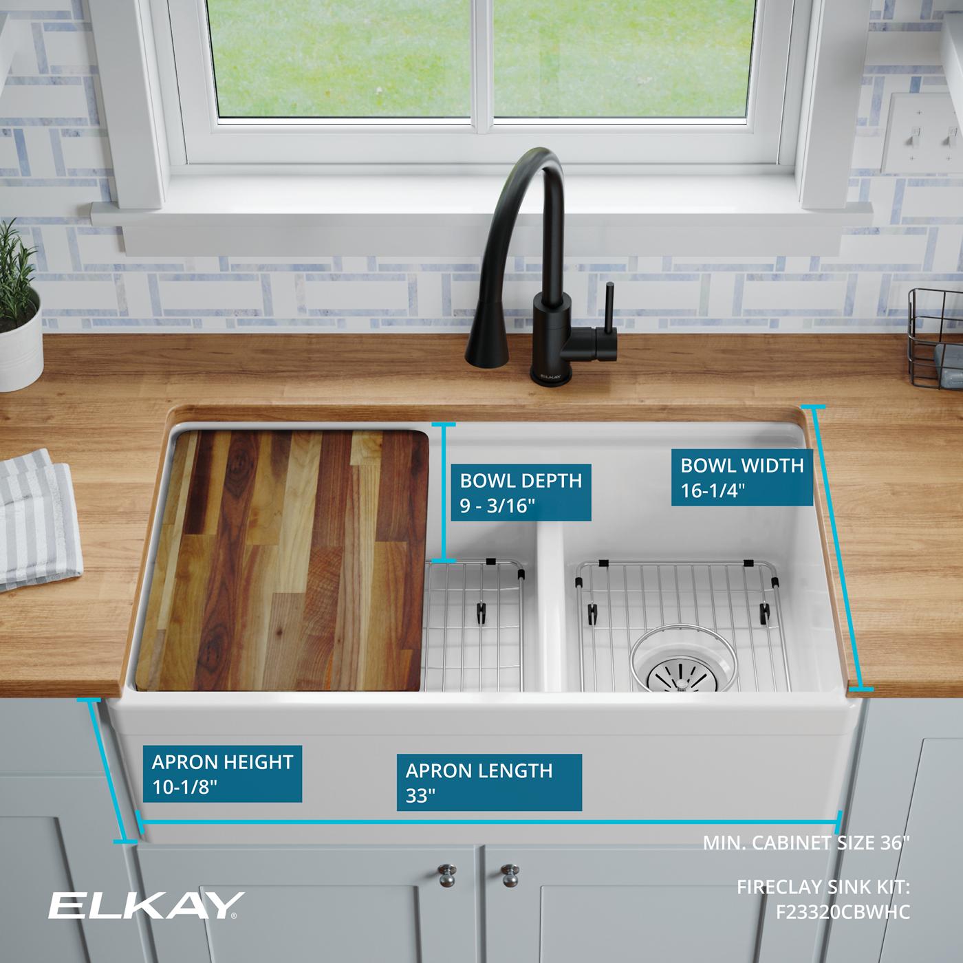 Elkay Tarja Fireclay 33" x 19-15/16" x 9-1/8" de Dos Tazones Farmhouse Workstation (Kit) con Aqua Divide Blanco — ambiente de cocina