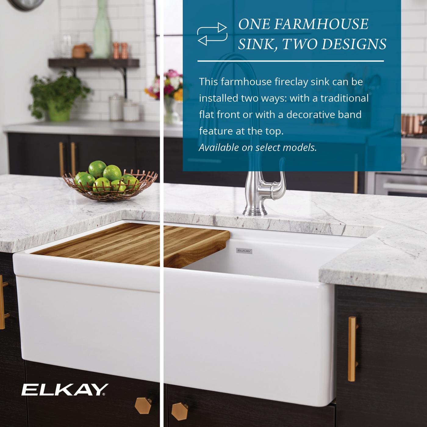 Elkay Tarja Fireclay 33" x 19-15/16" x 9-1/8" de Dos Tazones Farmhouse Workstation (Kit) con Aqua Divide Blanco — ambiente de cocina