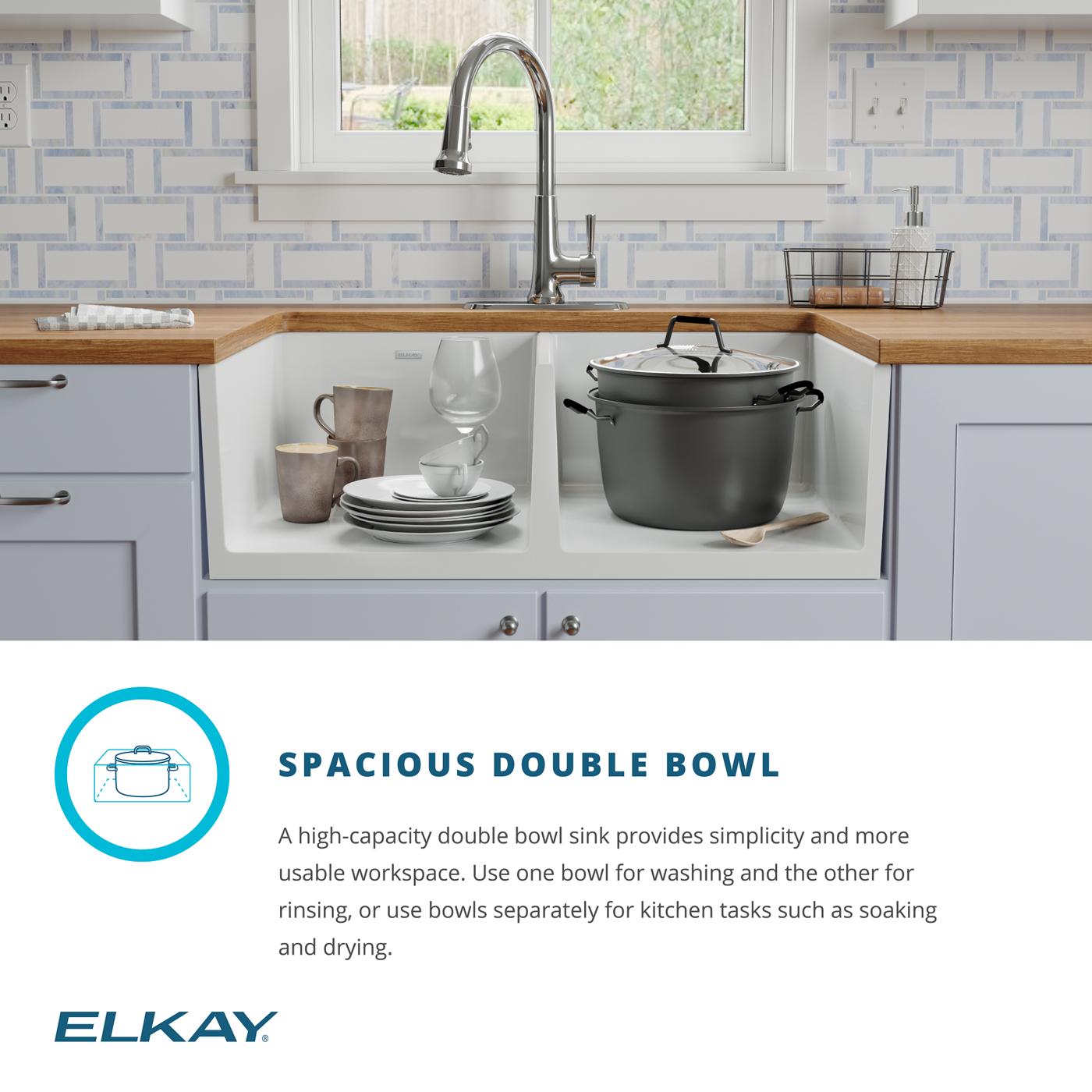 Elkay Tarja Fireclay 33" x 19-15/16" x 9" de Dos Tazones Iguales Farmhouse — ambiente de cocina