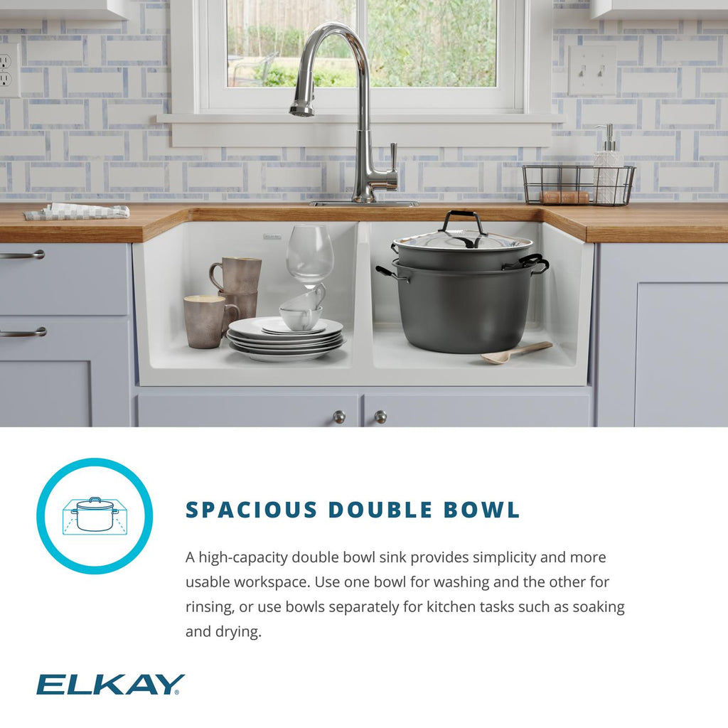 Elkay Tarja Fireclay 33" x 19-15/16" x 9" de Dos Tazones Iguales Farmhouse (Kit) — ambiente de cocina