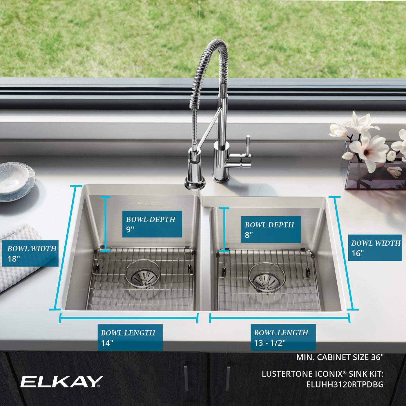 Elkay Tarja Lustertone Iconix® Calibre 16 Acero Inoxidable 31-1/4" x 20-1/2" x 9" de Dos Tazones Bajo Cubierta (Kit) with Right Perfect Drain® — ambiente de cocina