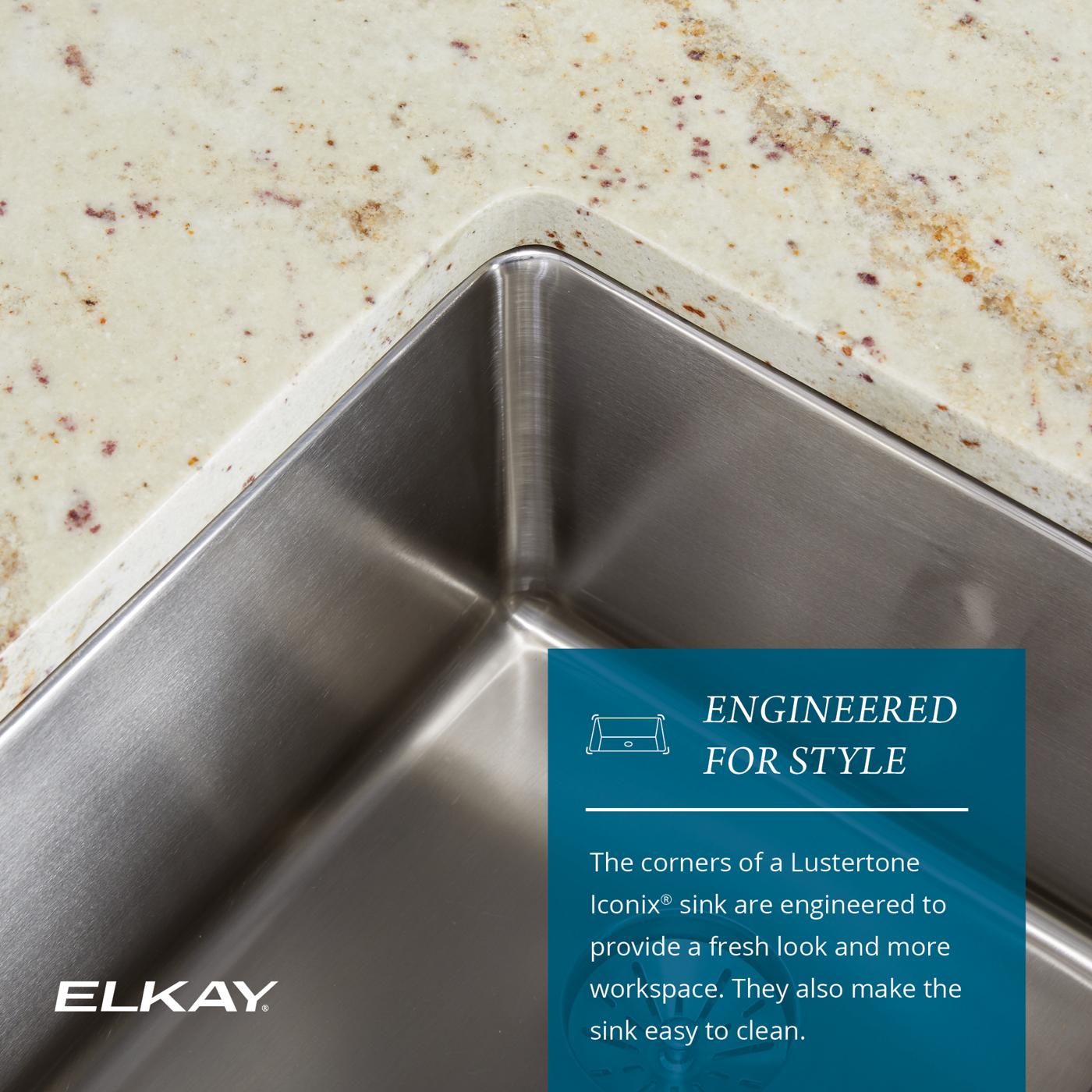 Elkay Tarja Lustertone Iconix® Calibre 16 Acero Inoxidable 31-1/4" x 20-1/2" x 9" de Dos Tazones Bajo Cubierta (Kit) with Right Perfect Drain® — ambiente de cocina