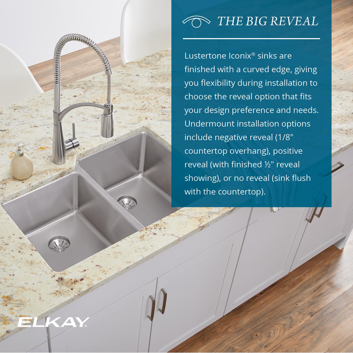 Elkay Tarja Lustertone Iconix® Calibre 16 Acero Inoxidable 32-3/4" x 19-1/2" x 9" de Dos Tazones Bajo Cubierta (Kit) with Perfect Drain® — ambiente de cocina