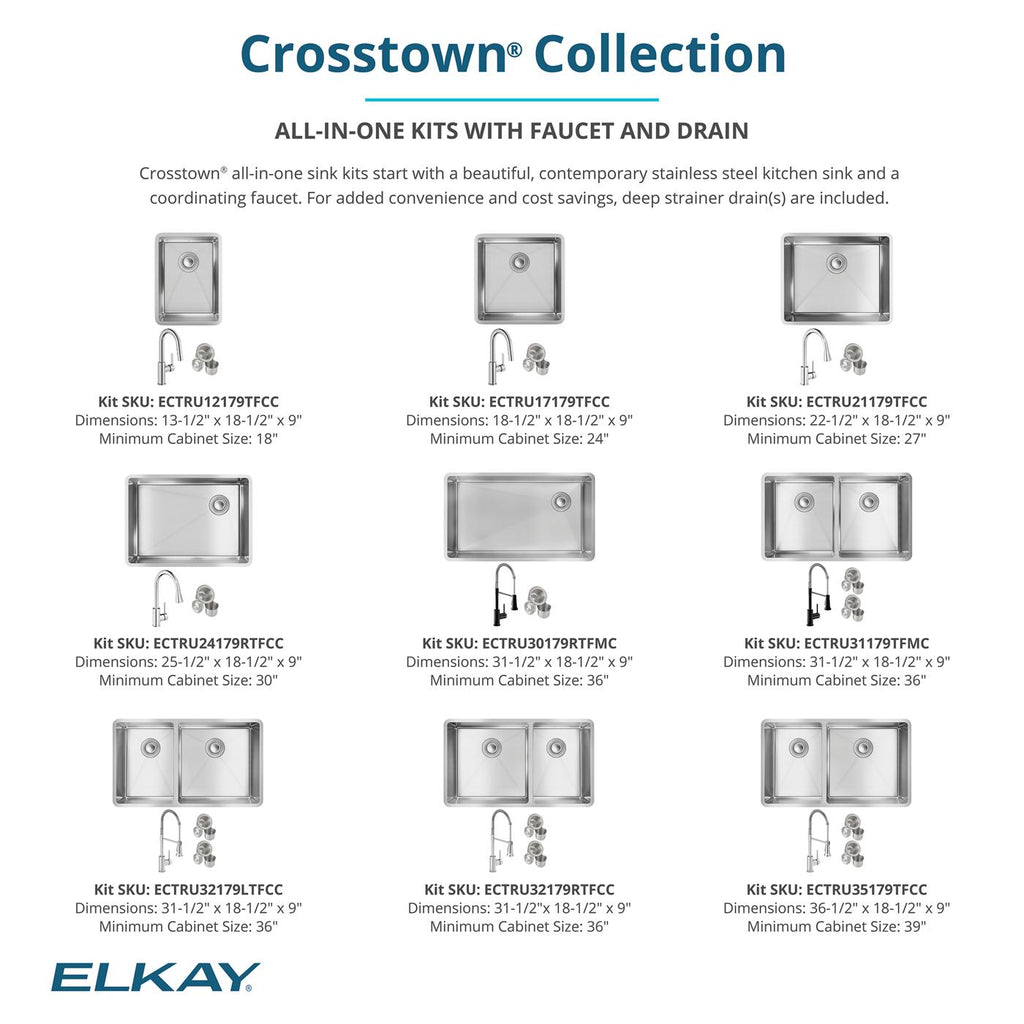 Elkay Tarja Crosstown® Calibre 18 Acero Inoxidable 36-1/2" x 18-1/2" x 9" de Un Tazón Bajo Cubierta (Kit con Llave y Drenaje) — ambiente de cocina