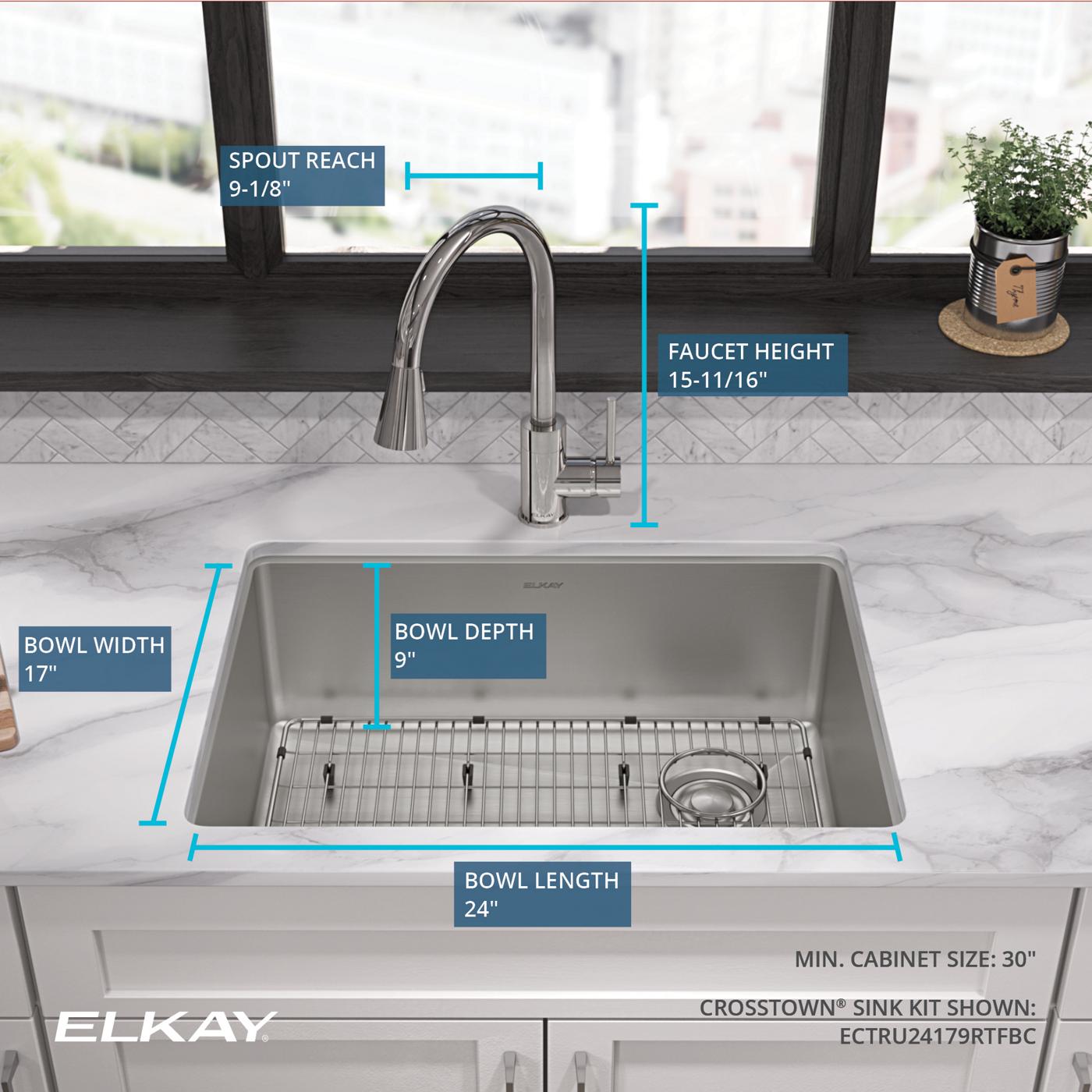 Elkay Tarja Crosstown® Calibre 18 Acero Inoxidable 25-1/2" x 18-1/2" x 9" de Un Tazón Bajo Cubierta (Kit con Llave Rejilla de Fondo y Drenaje) — ambiente de cocina