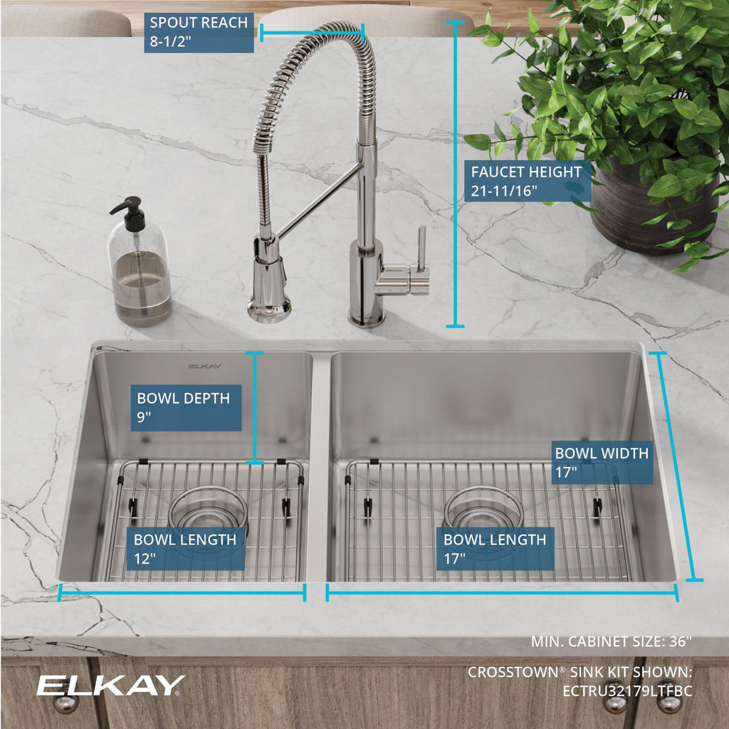 Elkay Tarja Crosstown® Calibre 18 Acero Inoxidable 31-1/2" x 18-1/2" x 9" 40/60 de Dos Tazones Bajo Cubierta (Kit con Llave Rejilla de Fondo y Drenaje) — ambiente de cocina