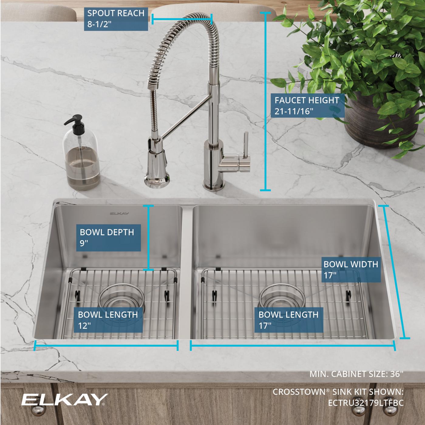 Elkay Tarja Crosstown® Calibre 18 Acero Inoxidable 31-1/2" x 18-1/2" x 9" 40/60 de Dos Tazones Bajo Cubierta (Kit con Llave Rejilla de Fondo y Drenaje) — ambiente de cocina