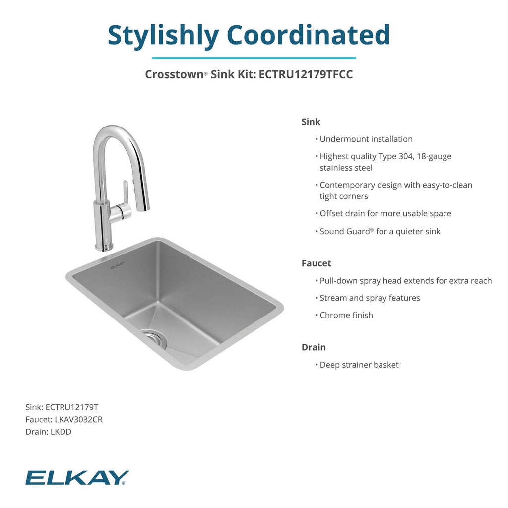 Elkay Tarja Crosstown® Calibre 18 Acero Inoxidable 13-1/2" x 18-1/2" x 9" de Un Tazón Bajo Cubierta Bar (Kit con Llave y Drenaje) — ambiente de cocina