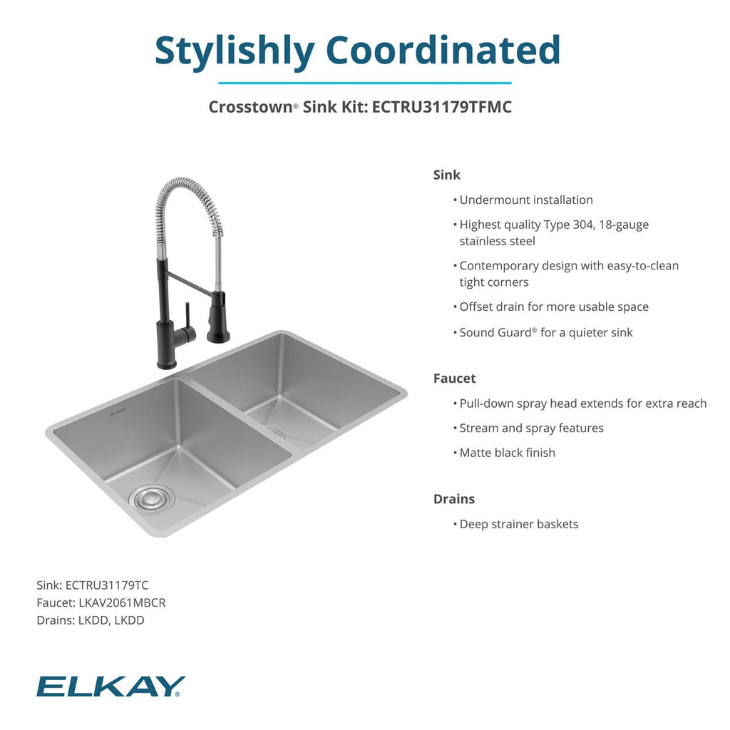 Elkay Tarja Crosstown® Calibre 18 Acero Inoxidable 31-1/2" x 18-1/2" x 9" de Dos Tazones Iguales Bajo Cubierta (Kit con Llave y Drenaje) — ambiente de cocina