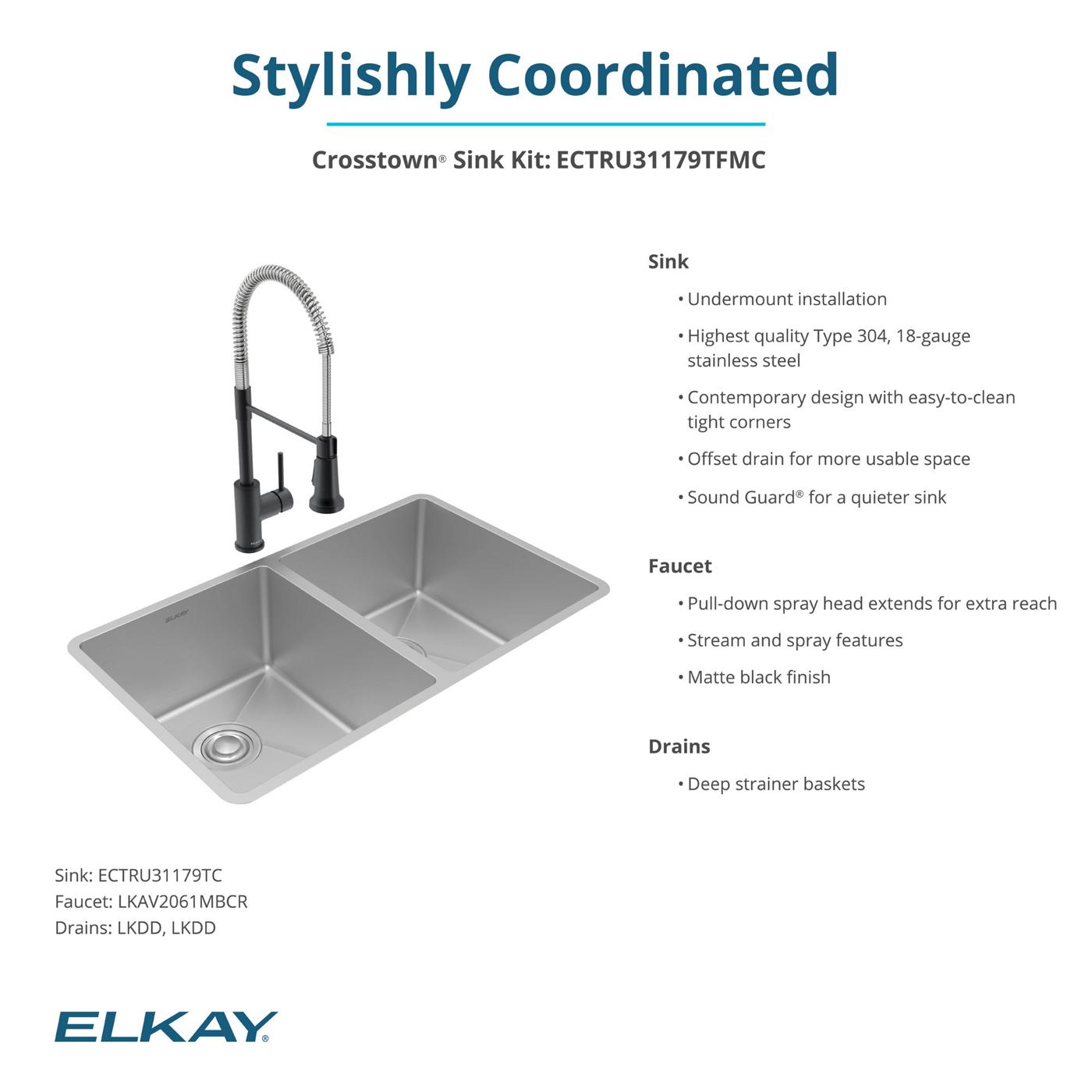Elkay Tarja Crosstown® Calibre 18 Acero Inoxidable 31-1/2" x 18-1/2" x 9" de Dos Tazones Iguales Bajo Cubierta (Kit con Llave y Drenaje) — ambiente de cocina