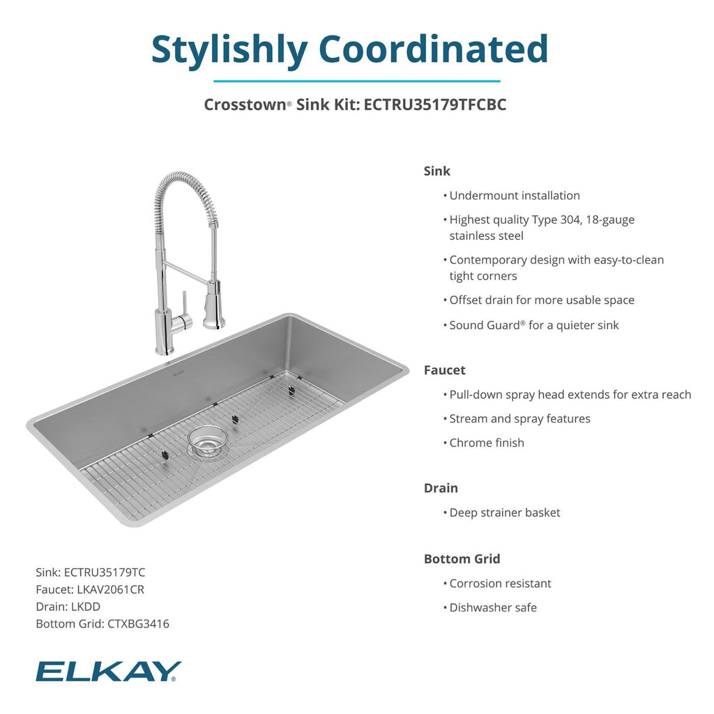 Elkay Tarja Crosstown® Calibre 18 Acero Inoxidable 36-1/2" x 18-1/2" x 9" de Un Tazón Bajo Cubierta (Kit con Llave Rejilla de Fondo y Drenaje) — ambiente de cocina