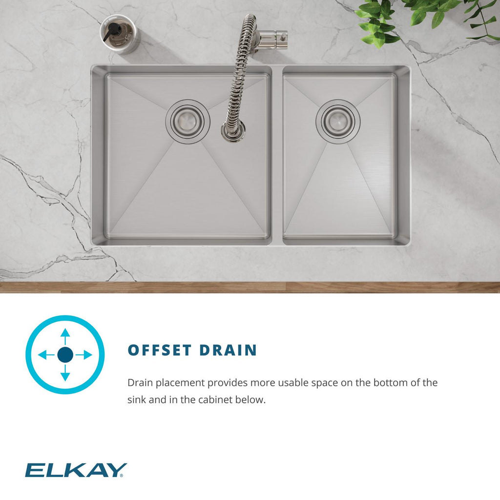 Elkay Tarja Crosstown® Calibre 18 Acero Inoxidable 31-1/2" x 18-1/2" x 9" 60/40 de Dos Tazones Bajo Cubierta (Kit con Llave y Drenaje) — ambiente de cocina