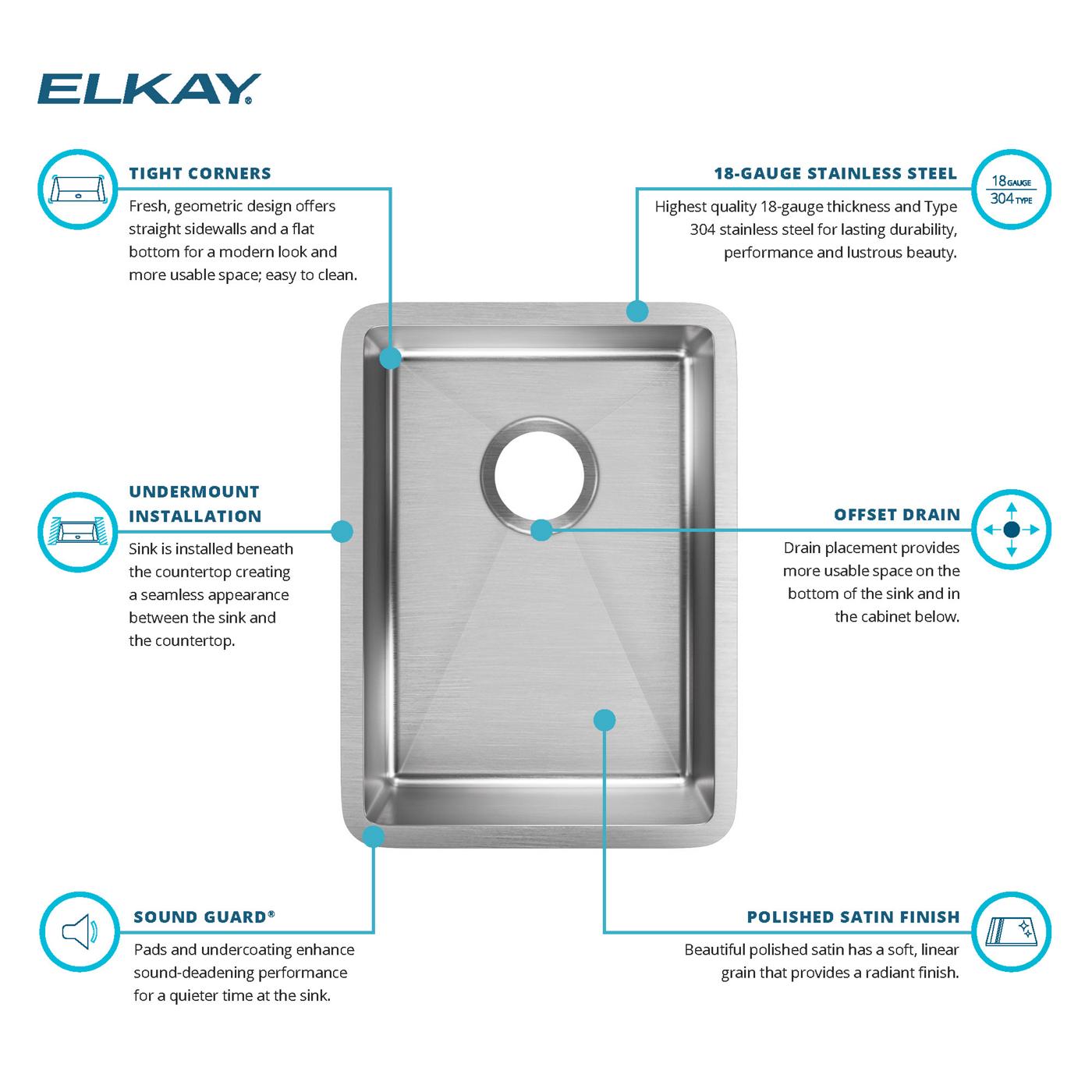Elkay Tarja Crosstown® Calibre 18 Acero Inoxidable 13-1/2" x 18-1/2" x 9" de Un Tazón de Bar Bajo Cubierta — ambiente de cocina