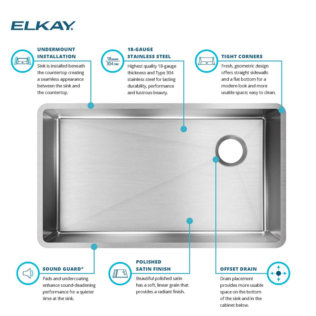 Elkay Tarja Crosstown® Calibre 18 Acero Inoxidable 31-1/2" x 18-1/2" x 9" de Un Tazón Bajo Cubierta — ambiente de cocina