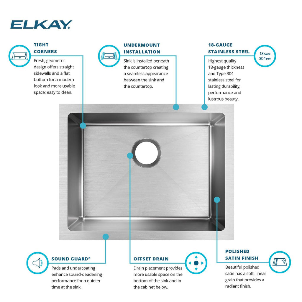 Elkay Tarja Crosstown® Calibre 16 Acero Inoxidable 23-1/2" x 18-1/4" x 10" de Un Tazón Bajo Cubierta — ambiente de cocina