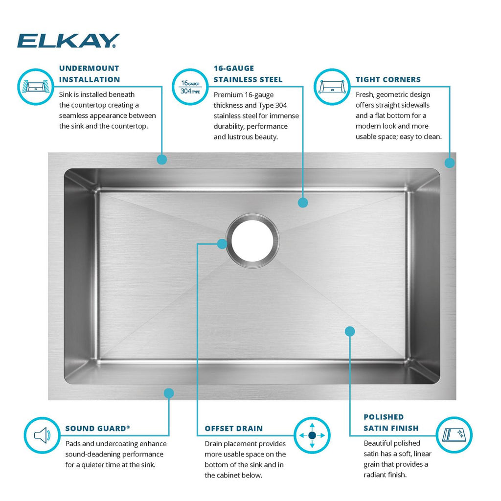 Elkay Tarja Crosstown® Calibre 16 Acero Inoxidable 30-1/2" x 18-1/2" x 10" de Un Tazón Bajo Cubierta — ambiente de cocina