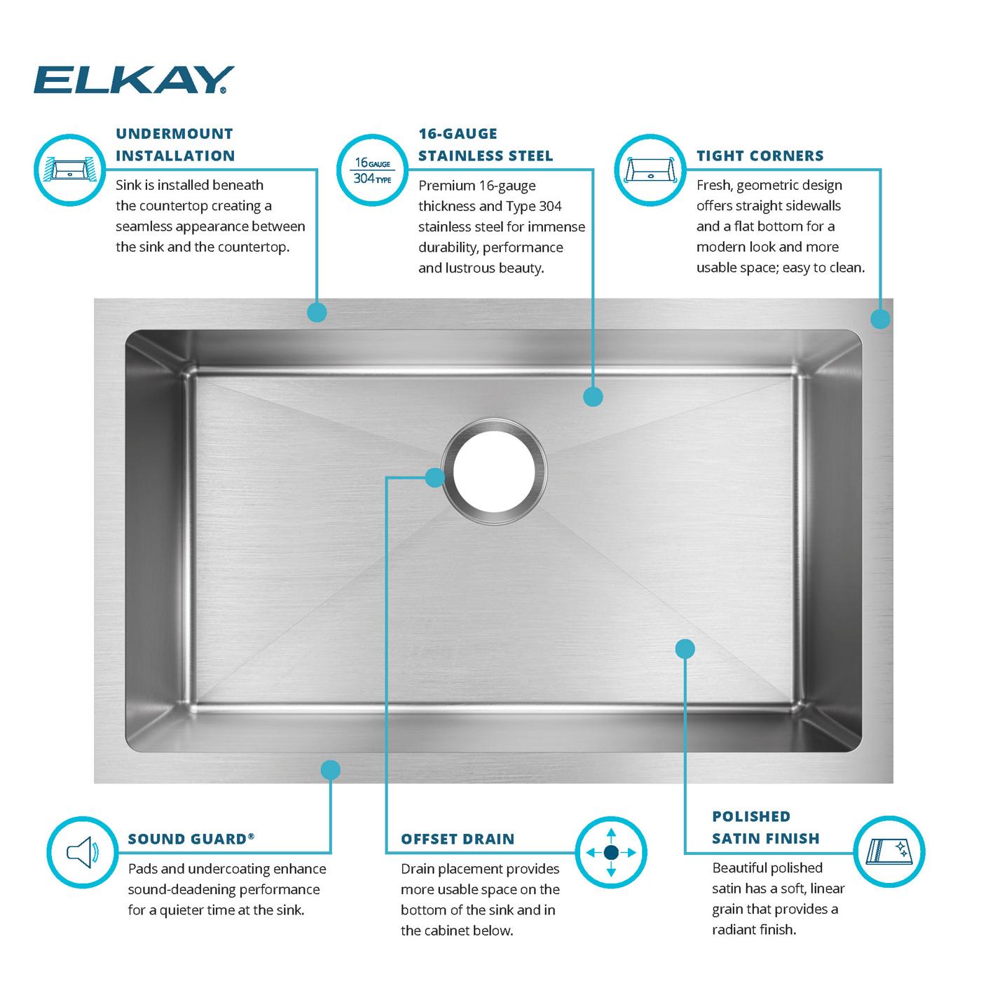 Elkay Tarja Crosstown® Calibre 16 Acero Inoxidable 30-1/2" x 18-1/2" x 10" de Un Tazón Bajo Cubierta — ambiente de cocina