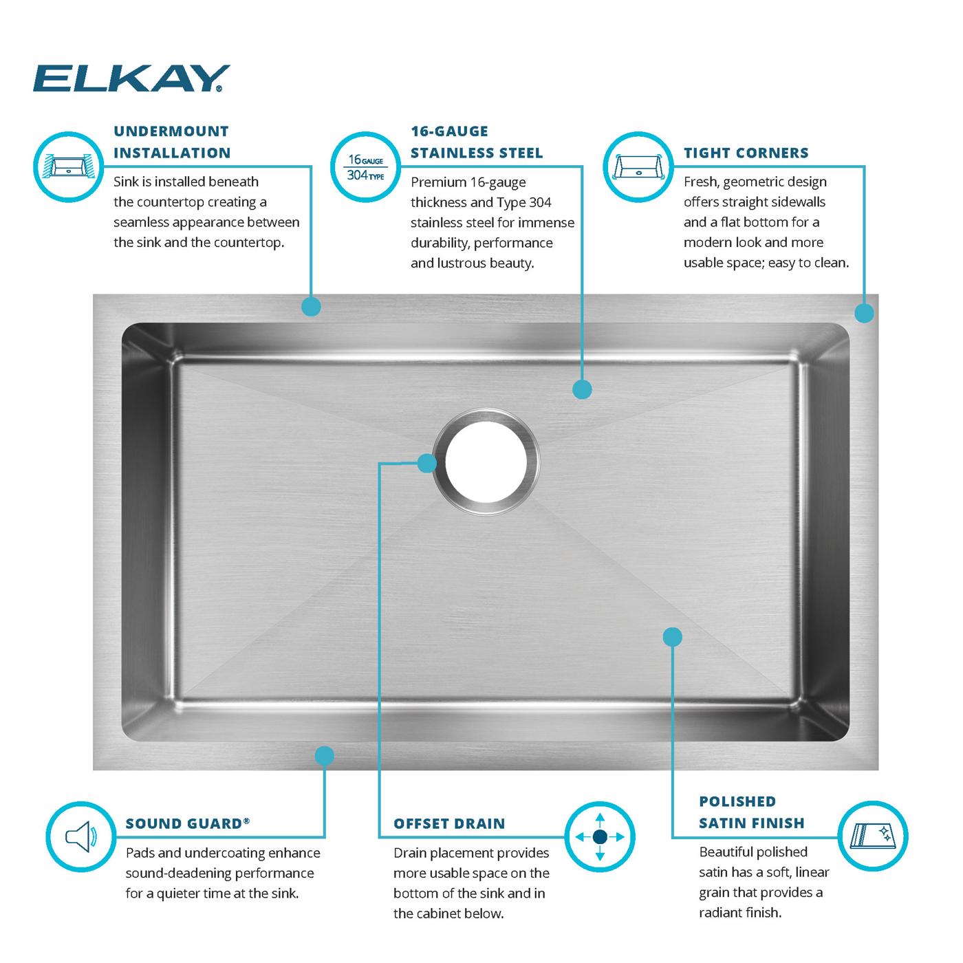 Elkay Tarja Crosstown® Calibre 16 Acero Inoxidable 30-1/2" x 18-1/2" x 8" de Un Tazón Bajo Cubierta — ambiente de cocina
