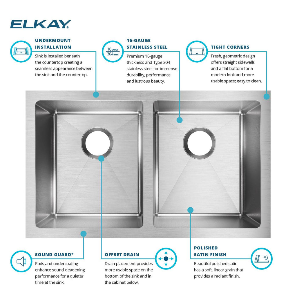 Elkay Tarja Crosstown® Calibre 16 Acero Inoxidable 30-3/4" x 18-1/2" x 10" de Dos Tazones Iguales Bajo Cubierta — ambiente de cocina