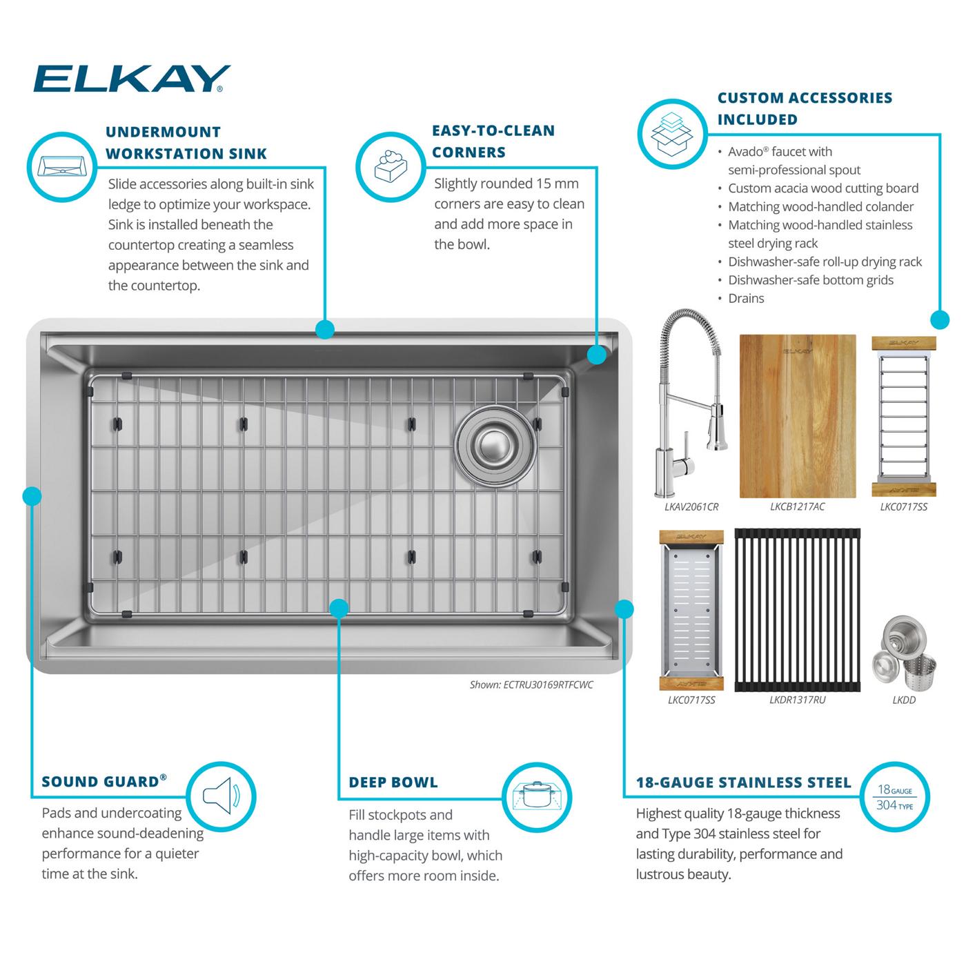 Elkay Tarja Crosstown® Calibre 18 Workstation Acero Inoxidable 31-1/2" x 18-1/2" x 9" de Un Tazón Bajo Cubierta (Kit con Llave) — ambiente de cocina