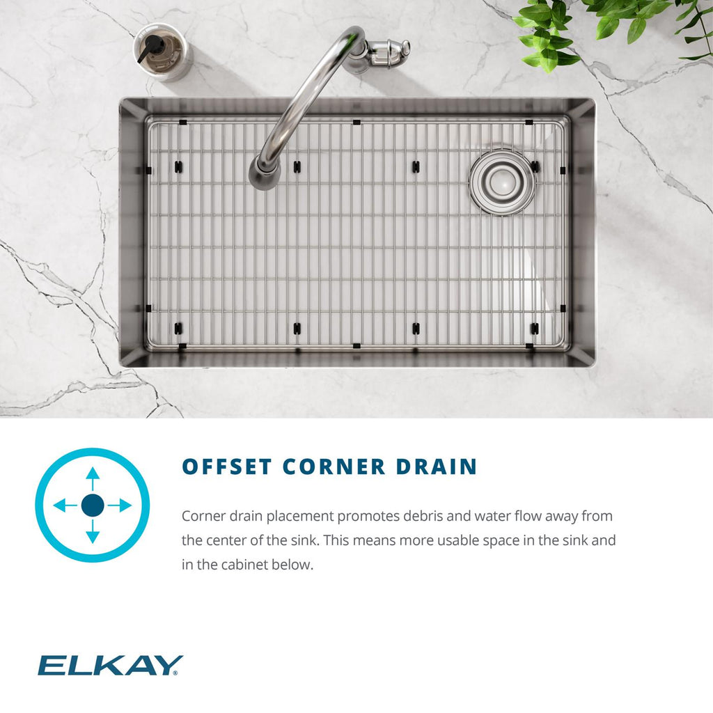 Elkay Tarja Crosstown® Calibre 18 Acero Inoxidable 31-1/2" x 18-1/2" x 9" de Un Tazón Bajo Cubierta (Kit con Llave Rejilla de Fondo y Drenaje) — ambiente de cocina