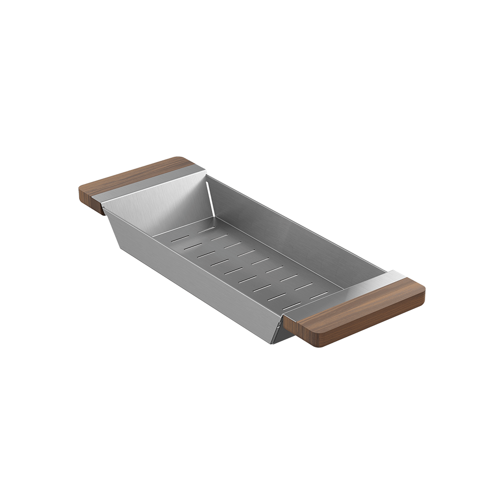 Julien · Colador Deslizante con Asas de Madera — Nogal / 6″ × 17⅜″ · tarja Fira · alto 2¼″