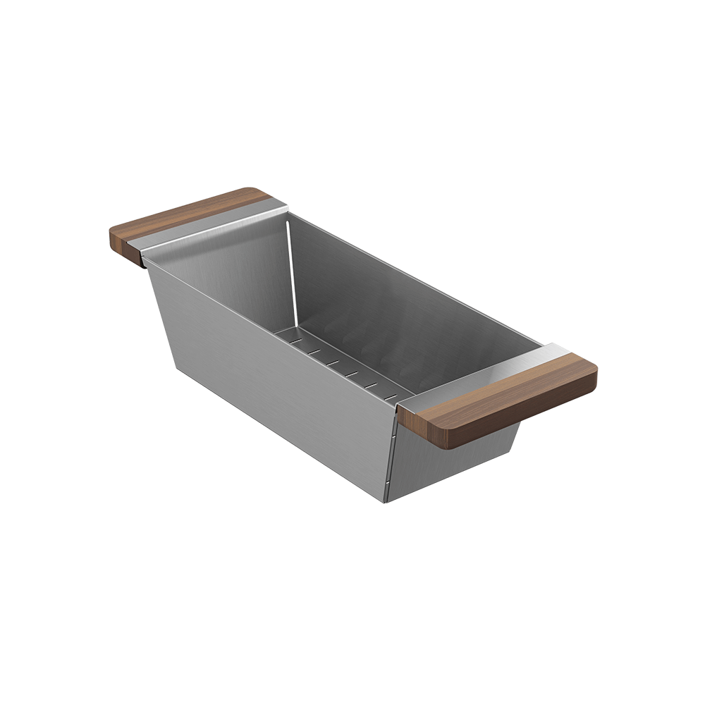 Julien · Colador Deslizante con Asas de Madera — Nogal / 6″ × 17⅜″ · tarja Fira · alto 4¼″