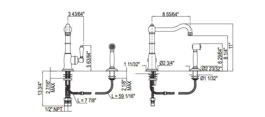 Rohl Llave de un orificio con caño de columna y rociador lateral