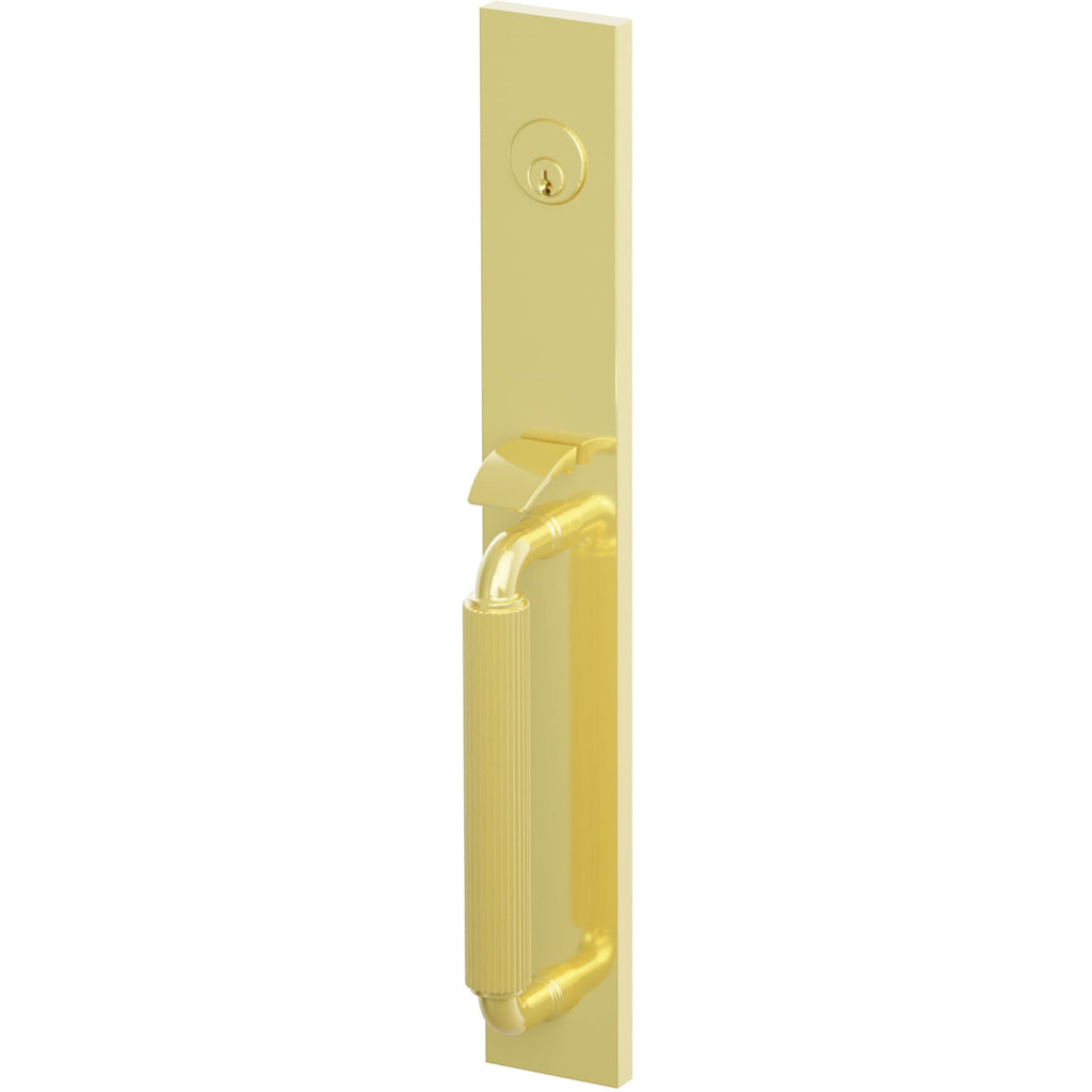 Emtek Juego de Entrada — Select Full Length Tubular Straight Knurled_R-Bar Stem — Latón sin Laca