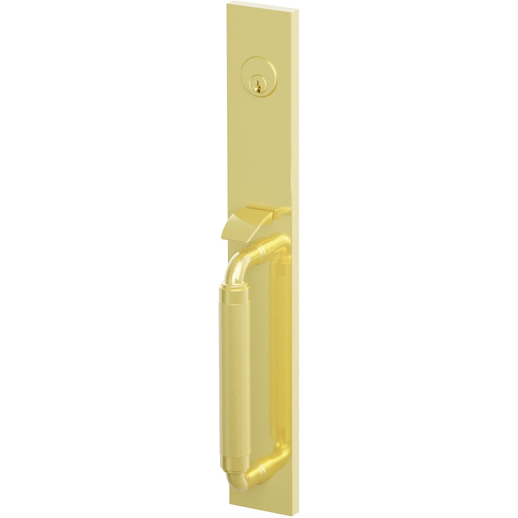Emtek Juego de Entrada — Select Full Length Tubular Knurled_R-Bar Stem — Latón sin Laca