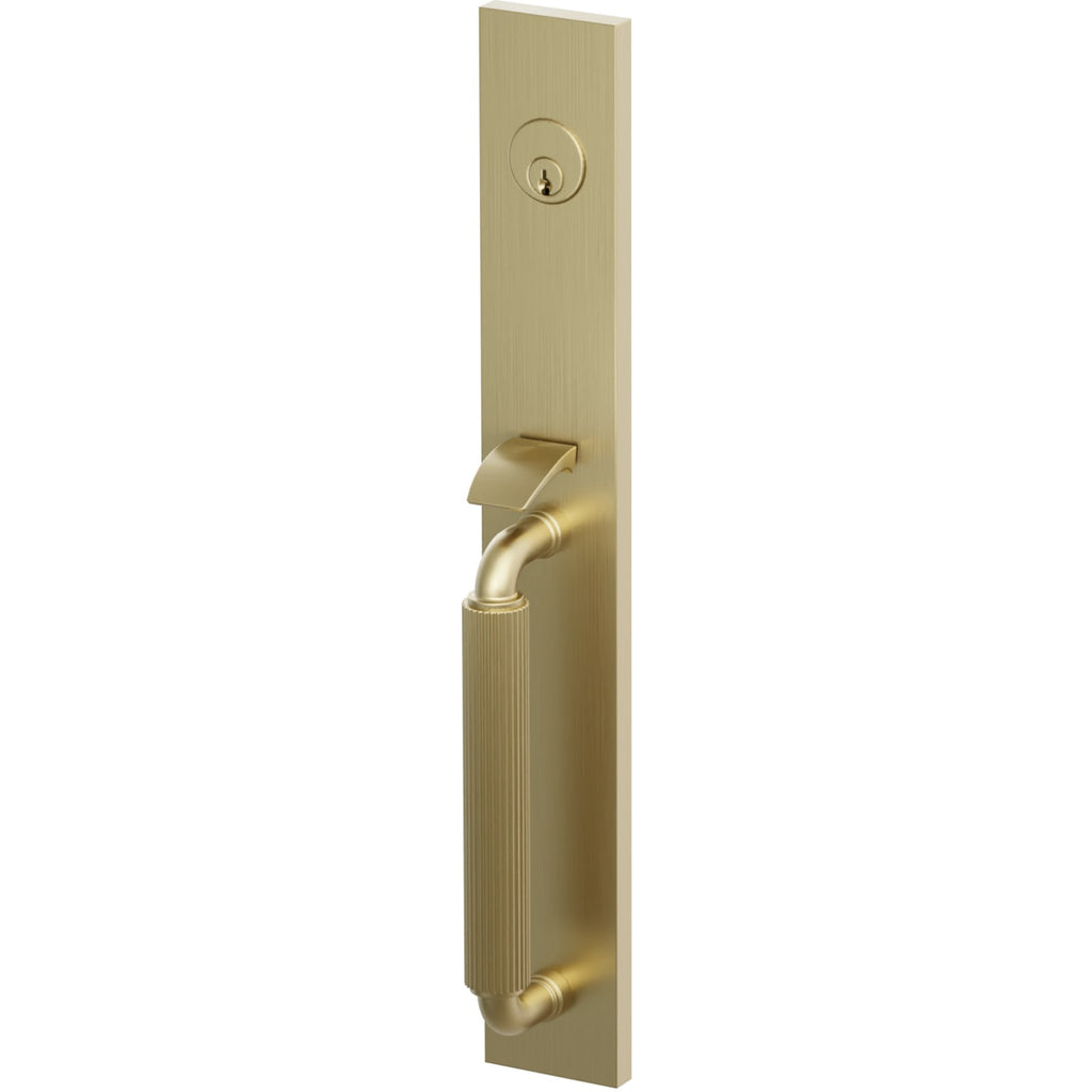 Emtek Juego de Entrada — Select Full Length Tubular Straight Knurled_R-Bar Stem — Latón Satinado