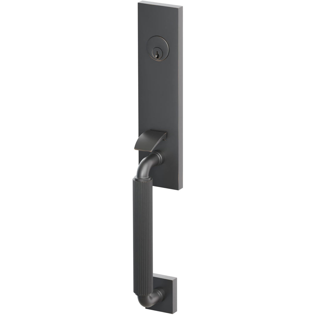 Emtek Juego de Entrada — Select Monolithic Tubular Straight Knurled_R-Bar Stem — Bronce Aceitado