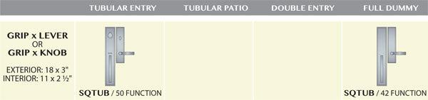 Ashley Norton Juego de Entrada con Pestillo Tubular — SQTUB (Suite Rectangular · Latón) — diagrama de funciones y dimensiones