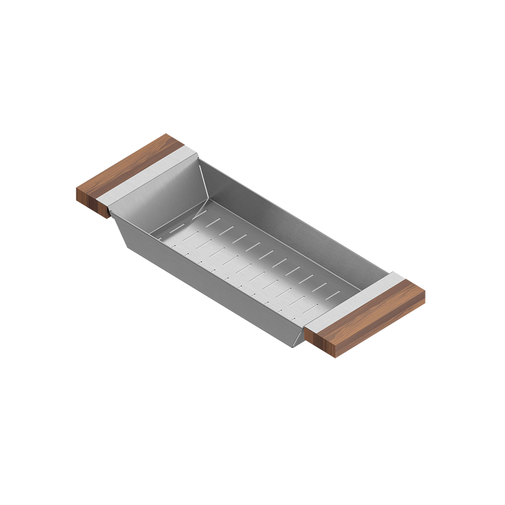 Julien · Colador Deslizante con Asas de Madera — Nogal / 6″ × 17″ · tazón de 16″ de fondo · alto 2¼″