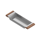 Julien · Colador Deslizante con Asas de Madera — Nogal / 6″ × 17⅞″ · tazón de 17″ de fondo · alto 2¼″