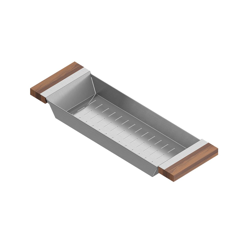 Julien · Colador Deslizante con Asas de Madera — Nogal / 6″ × 19″ · tazón de 18″ de fondo · alto 2¼″