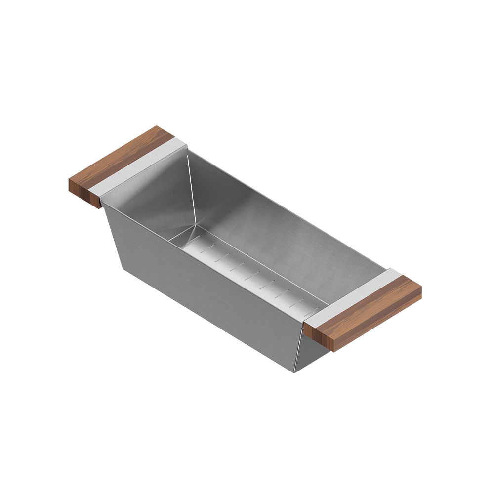 Julien · Colador Deslizante con Asas de Madera — Nogal / 6″ × 17⅞″ · tazón de 17″ de fondo · alto 4¼″