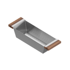 Julien · Colador Deslizante con Asas de Madera — Nogal / 6″ × 19″ · tazón de 18″ de fondo · alto 4¼″