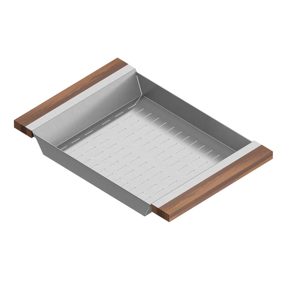 Julien · Colador Deslizante con Asas de Madera — Nogal / 12″ × 17⅞″ · tazón de 17″ de fondo · alto 2¼″
