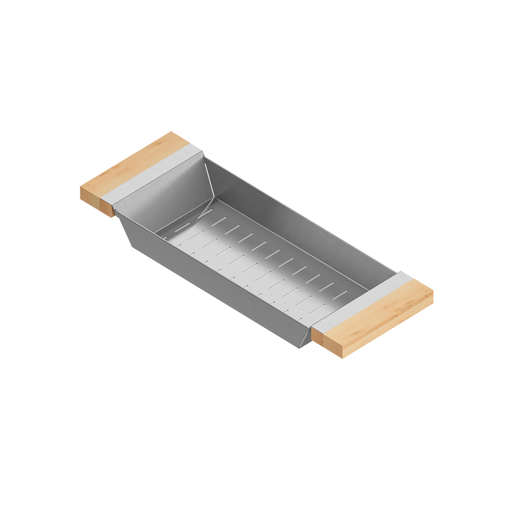 Julien · Colador Deslizante con Asas de Madera — Maple / 6″ × 17″ · tazón de 16″ de fondo · alto 2¼″