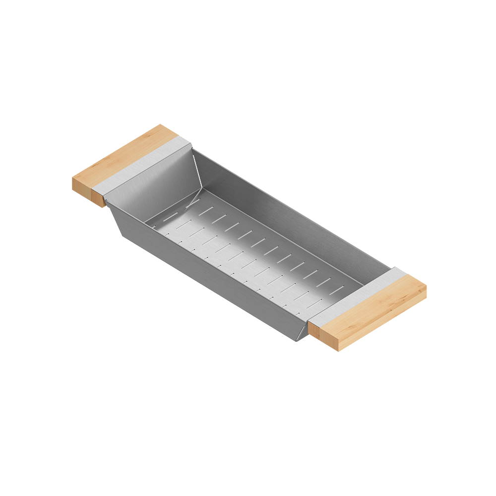Julien · Colador Deslizante con Asas de Madera — Maple / 6″ × 17⅞″ · tazón de 17″ de fondo · alto 2¼″