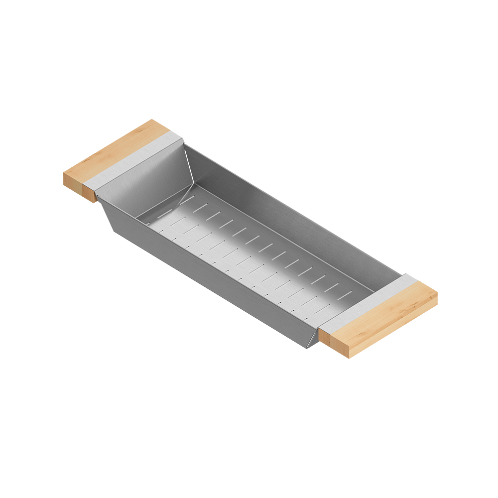 Julien · Colador Deslizante con Asas de Madera — Maple / 6″ × 19″ · tazón de 18″ de fondo · alto 2¼″