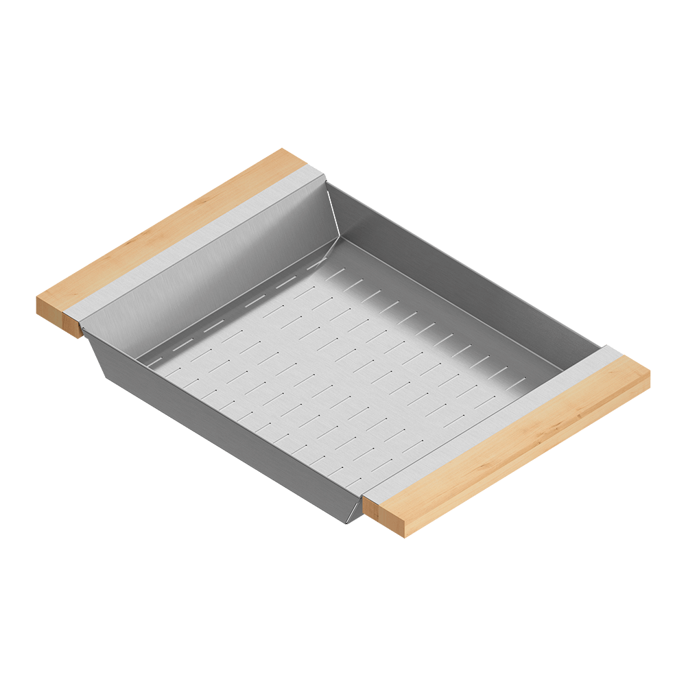 Julien · Colador Deslizante con Asas de Madera — Maple / 12″ × 17⅞″ · tazón de 17″ de fondo · alto 2¼″
