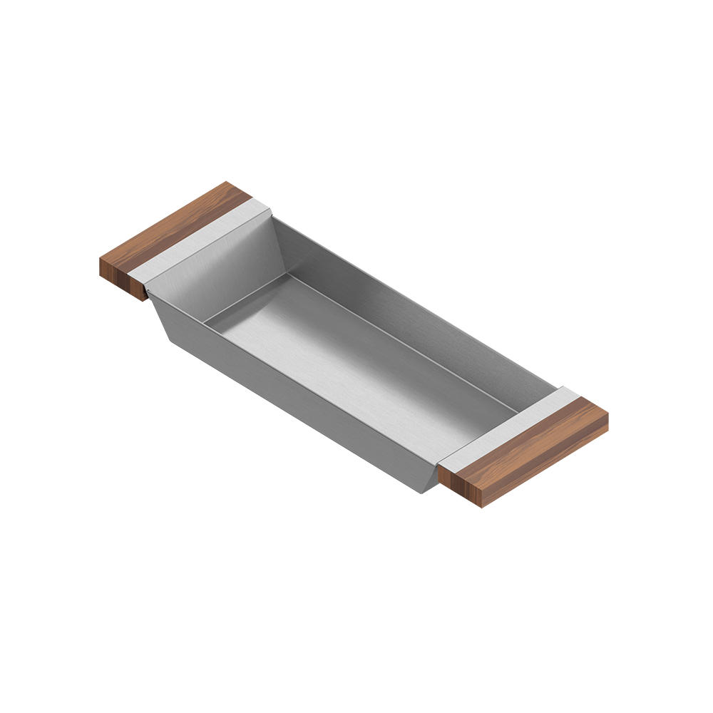 Julien · Charola Deslizante con Asas de Madera — Nogal / 6″ × 17⅞″ · tazón de 17″ de fondo · alto 2¼″