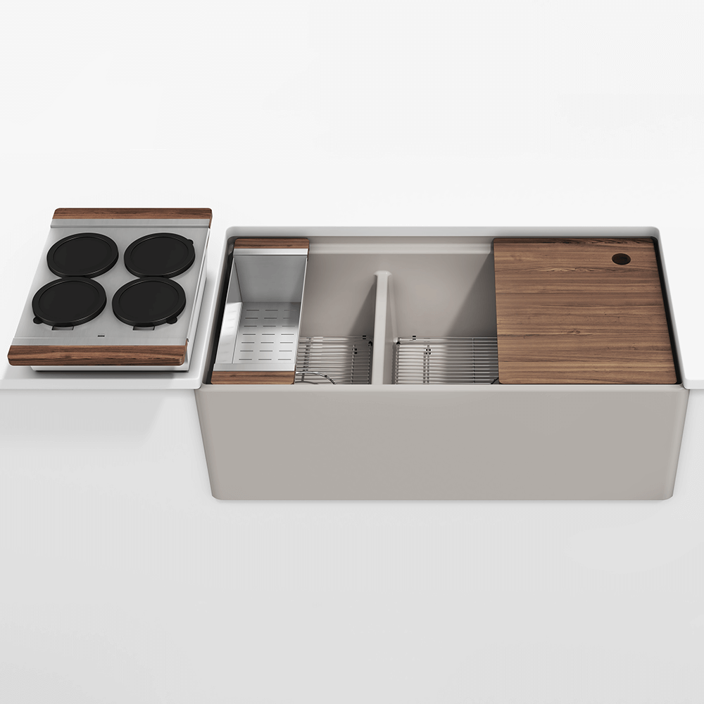 Julien Fira · Kit Tarja de Fireclay de Dos Tazones con Accesorios de Nogal — Taupe Mate