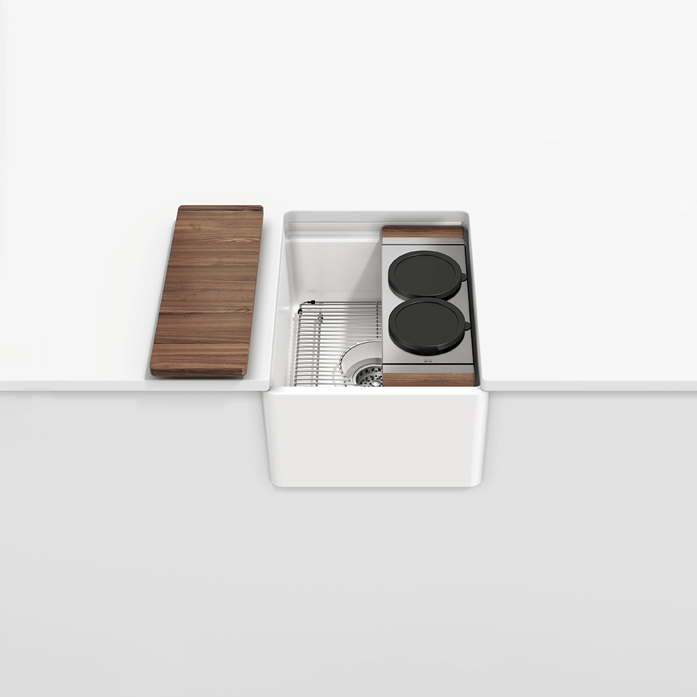 Julien Fira · Kit Tarja de Fireclay de Bar con Accesorios de Nogal — Blanco