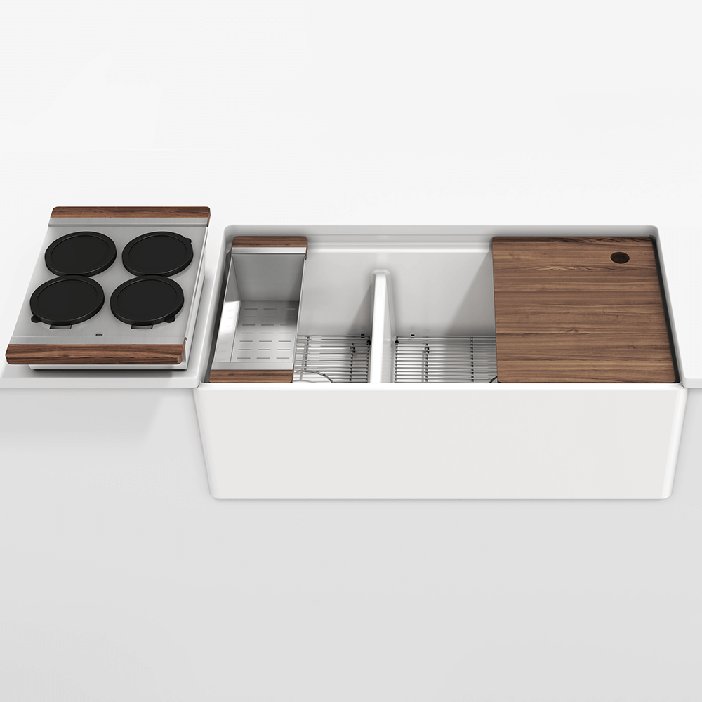 Julien Fira · Kit Tarja de Fireclay de Dos Tazones con Accesorios de Nogal — Blanco
